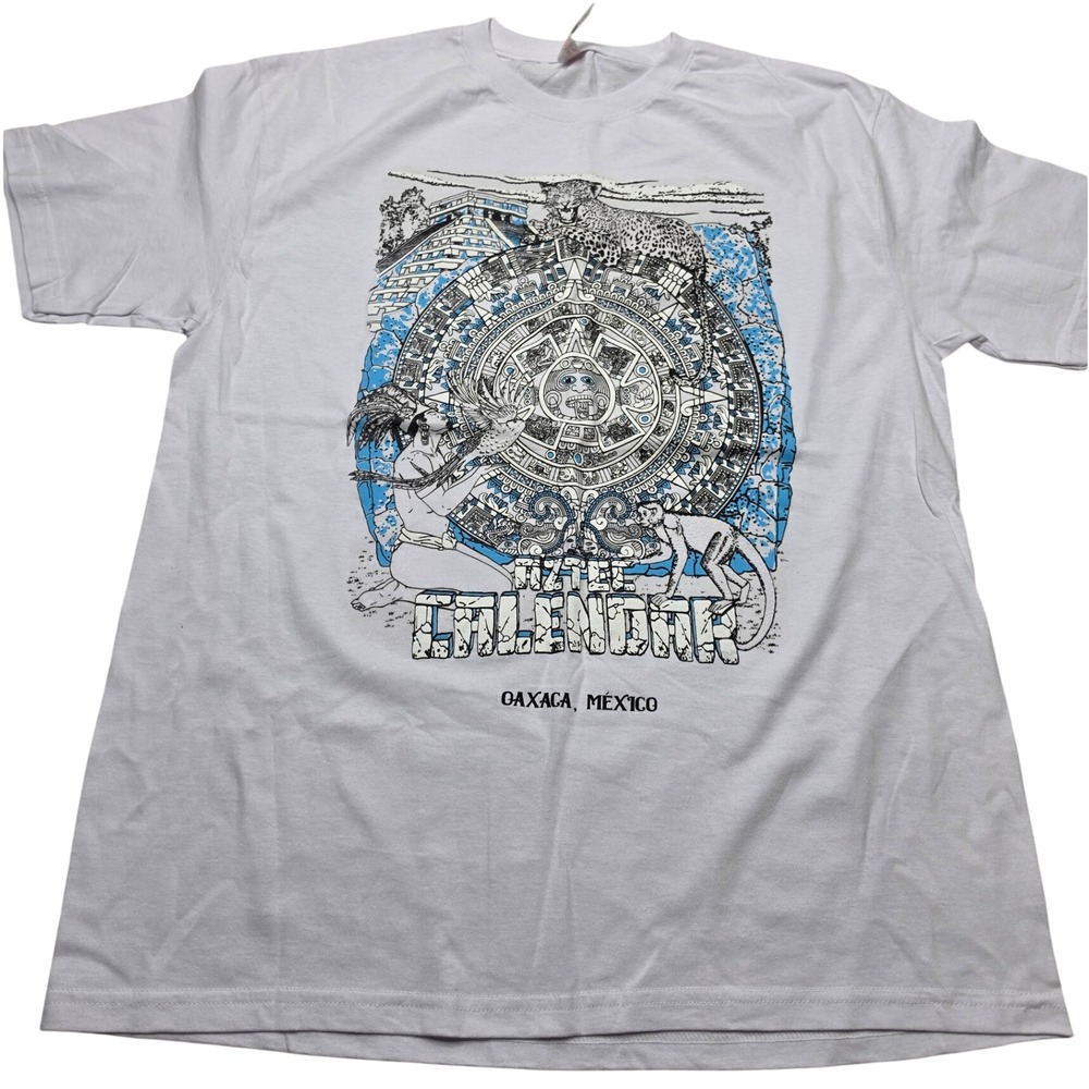 Euro Cotton Aztec Calendar Oaxaca Mexico Graphic T-Shirt White Unisex Large